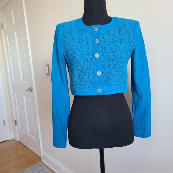 Vtg 80s D. Frank Electric Blue Cropped Jacket Women’s Size 4  Smocked Front USA - Picture 2 of 9